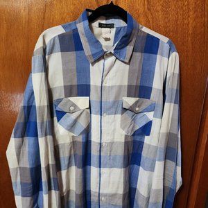 Men's XL Pop Icon White/Blue/Gray Plaid Long Sleeve Button Down Shirt USA Made